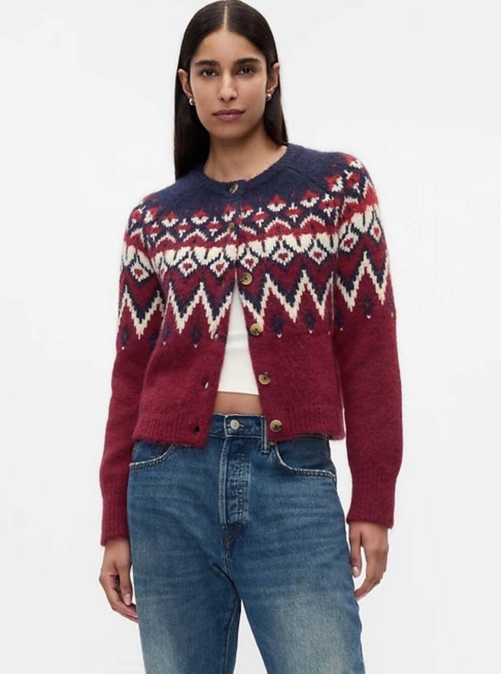 GAP Red Fair Isle Knit Cropped Cardigan Sweater Women’s Size Medium NWT